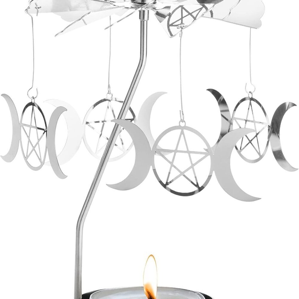 Spinning Tea Light Candle Holder, Silver Triple Moon Carousel Tealight Display,
